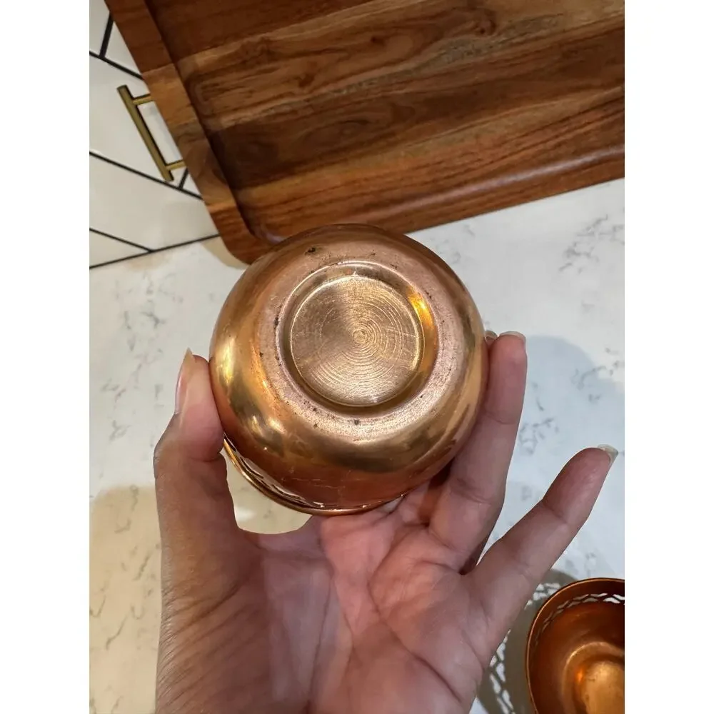 Pair of polished copper-heart cutout border 90s tea light candle holders Vintage
